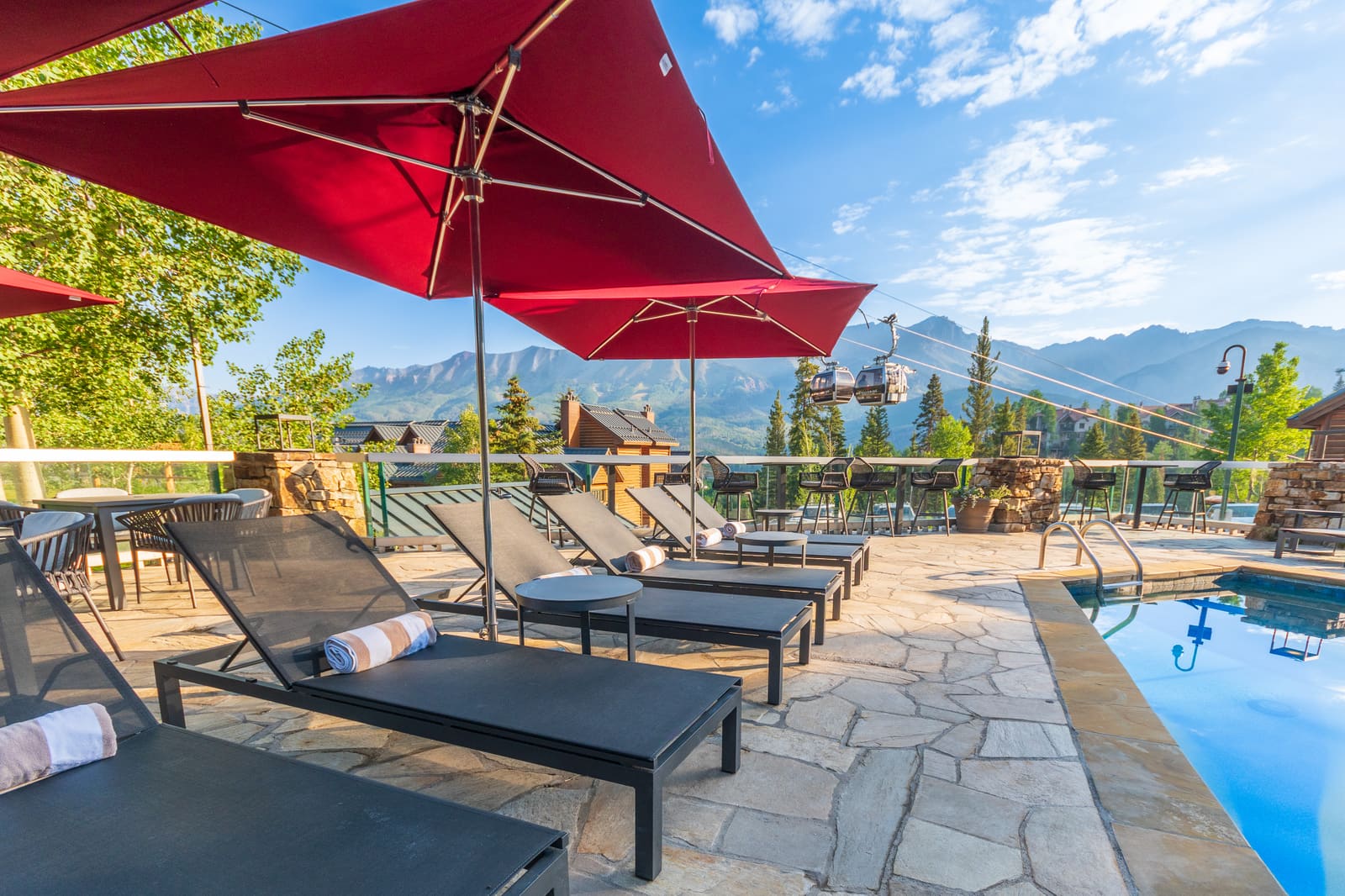 Pool deck at Mountain Lodge Telluride with the gondola and San Juan peaks behind
