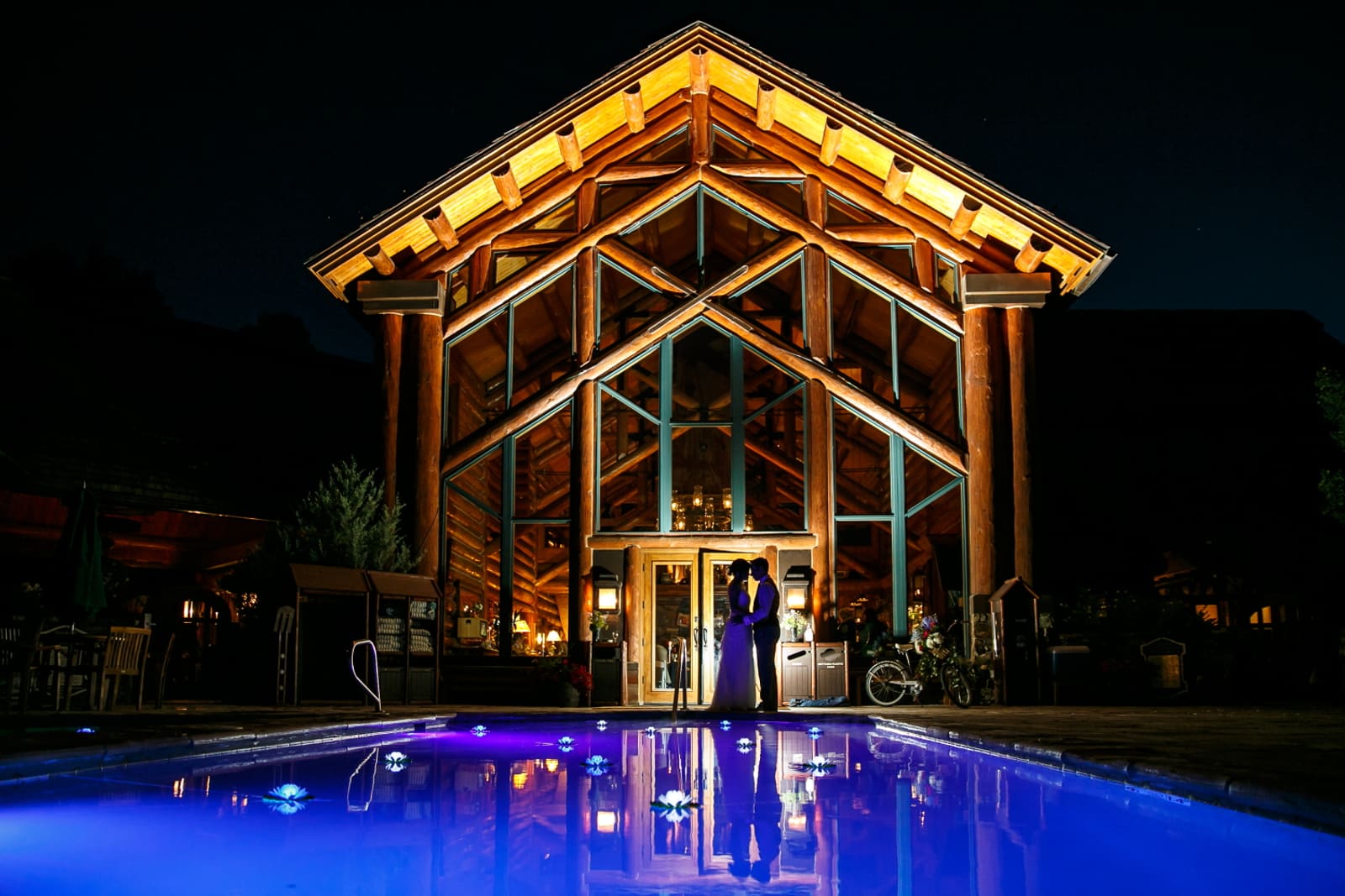 Mountain Lodge Telluride pool deck lit up at night